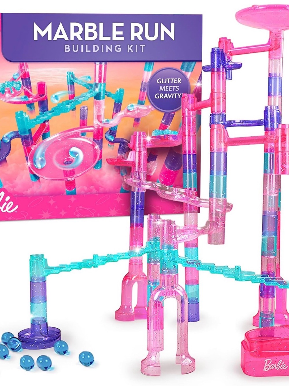 New Barbie Sparkle Marble Run Building Set with 10 Marbles for Kids Ages 6+